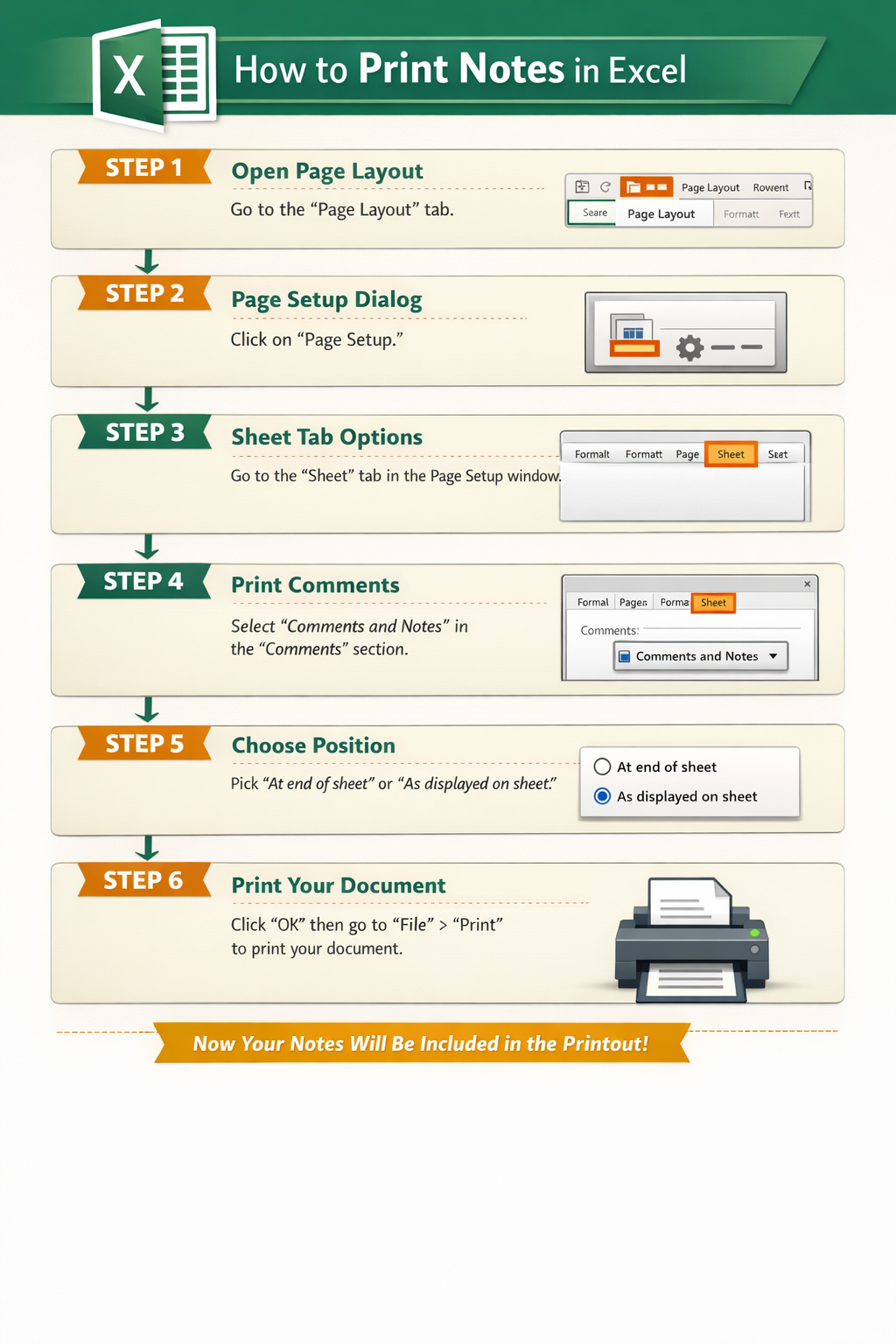 how to print notes in excel