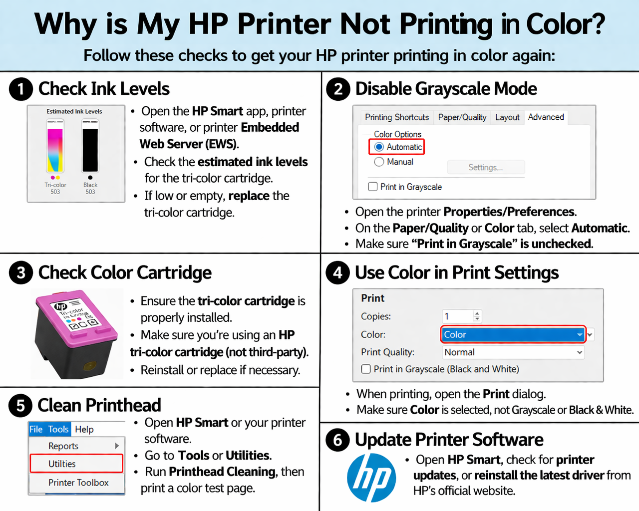 why is my hp printer not printing in color