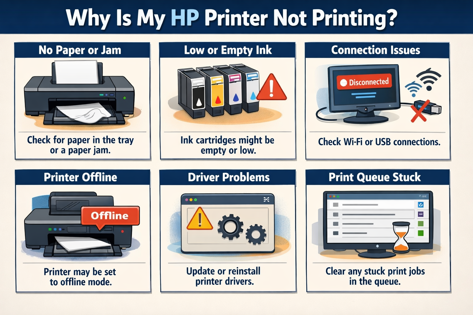why is my hp printer not printing