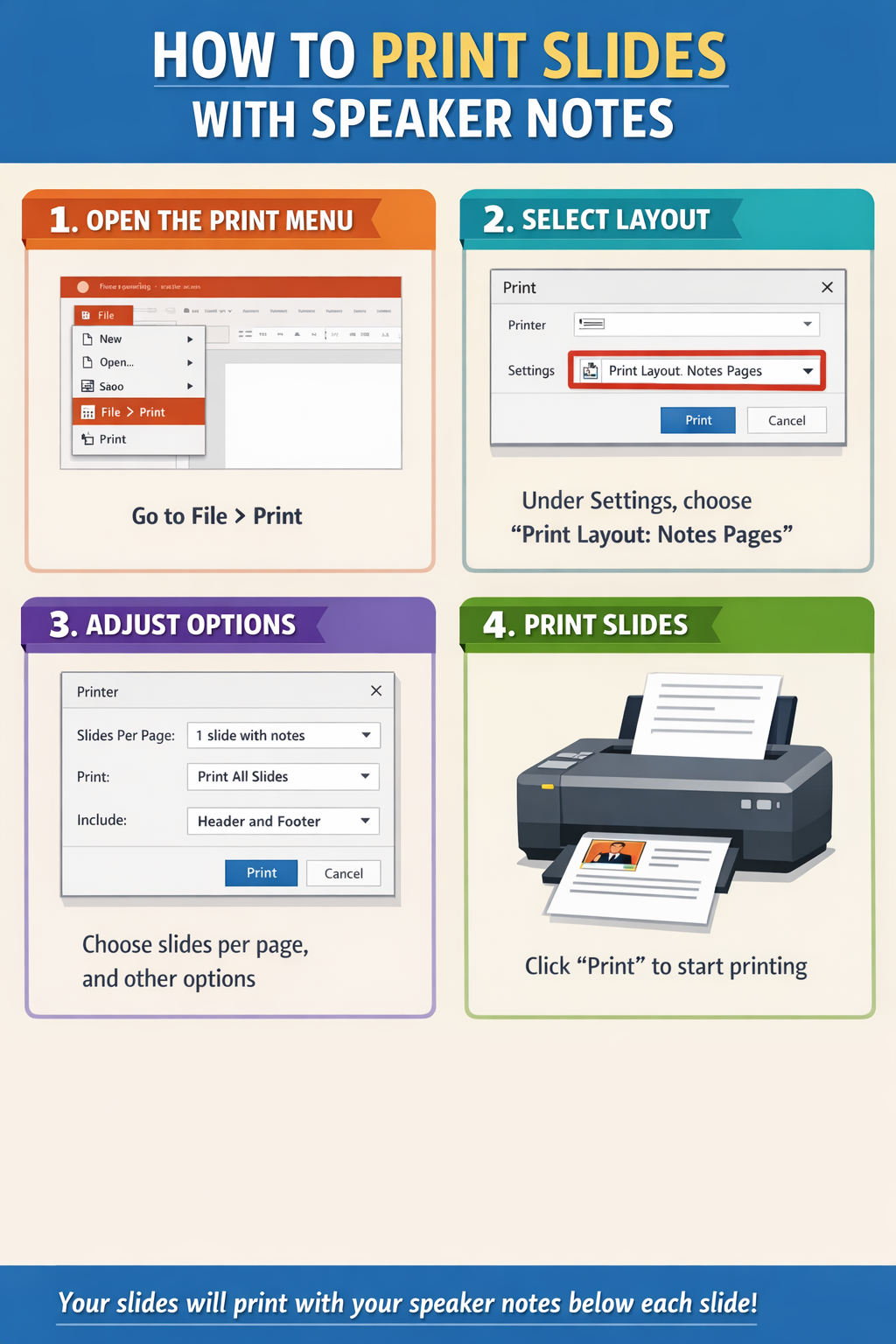 how to print slides with speaker notes